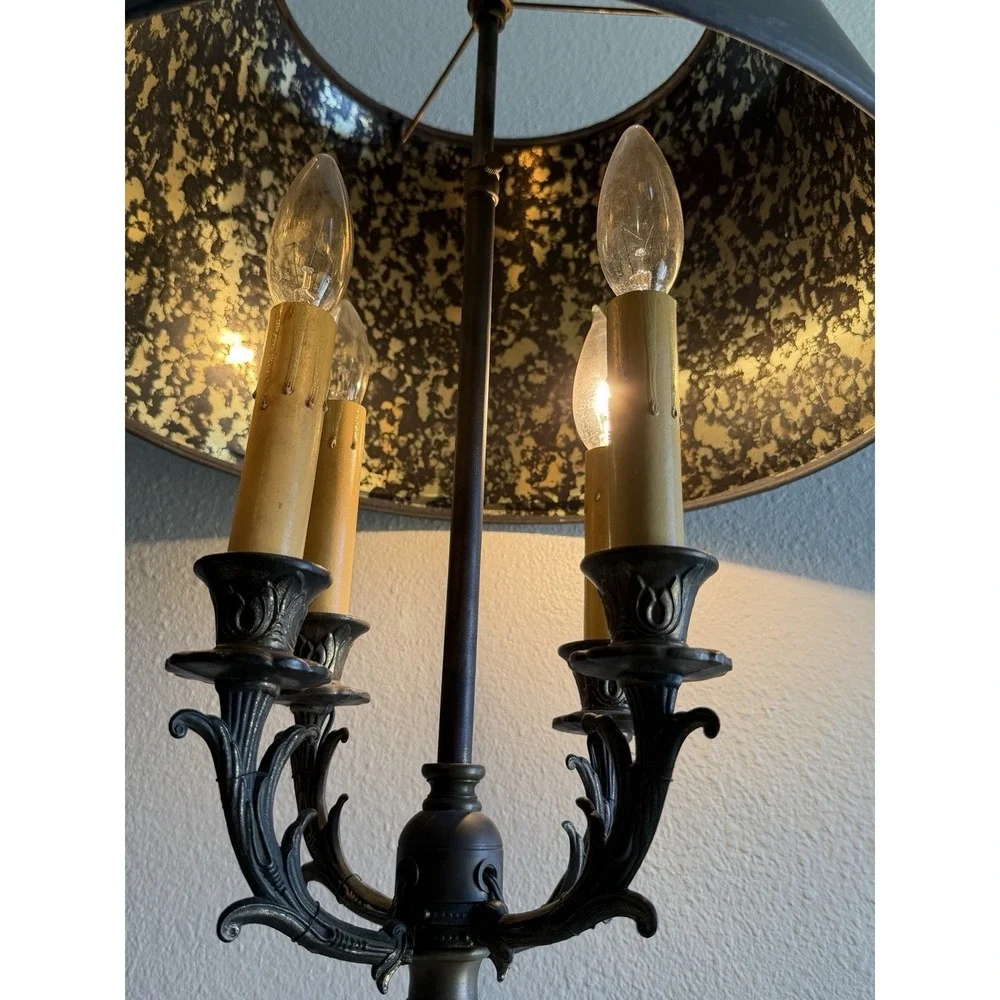 Vintage Brass Desk Table Lamp w/ Black And‎ Gold Designed Shade 4 Candle Lights